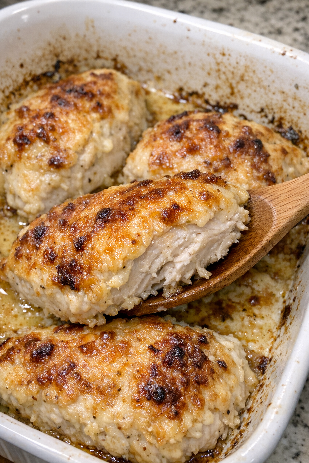 Golden brown chicken breasts with crispy mayonnaise coating in a white baking dish
