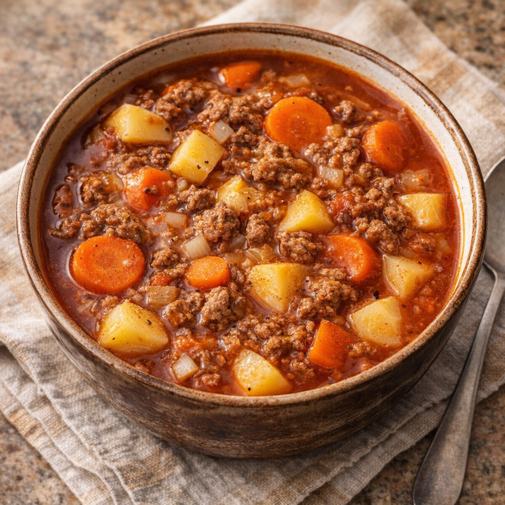 Tomato-style variation of poor man's stew served in a rustic bowl