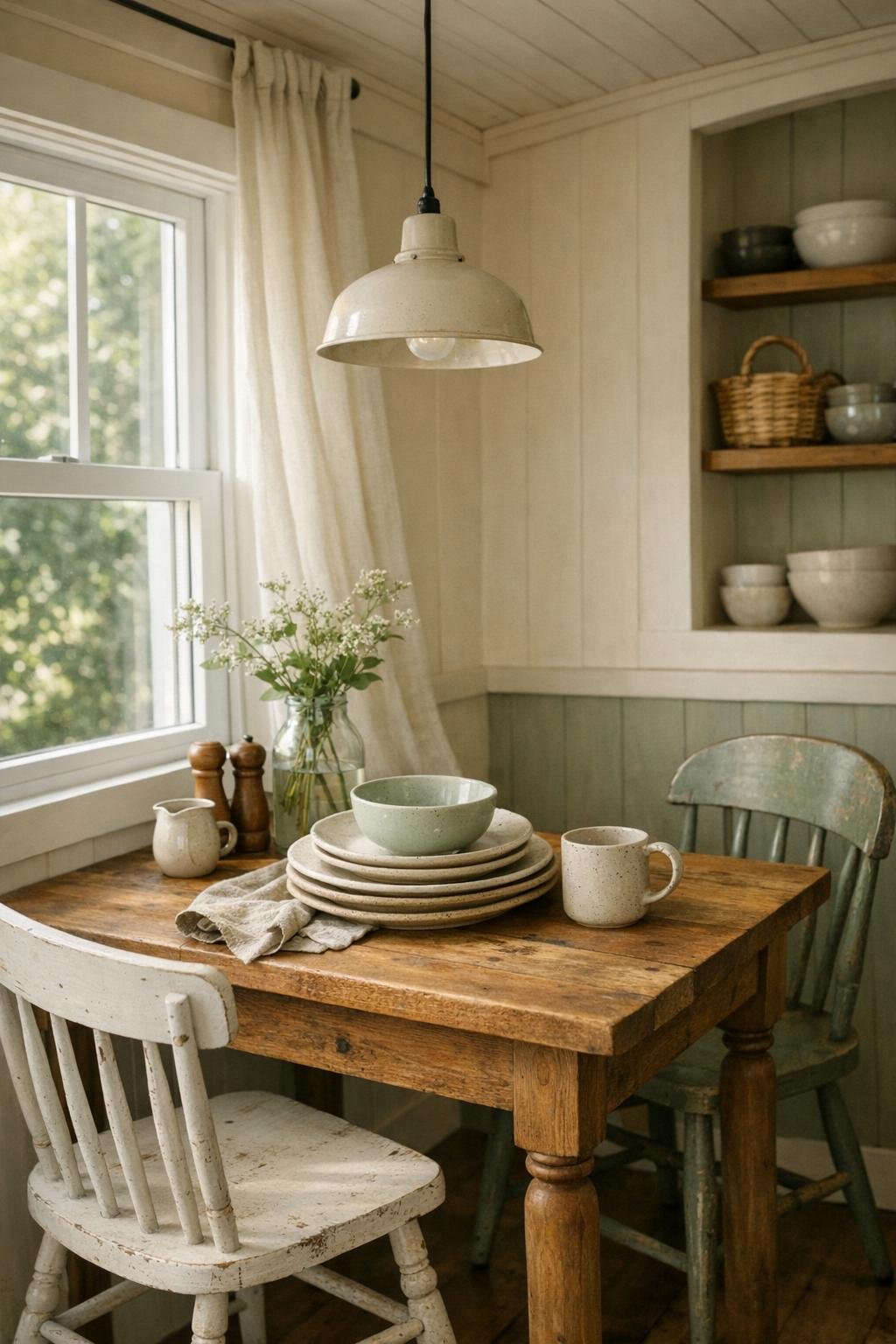 Small farmhouse dining area with wood table by a sunny window