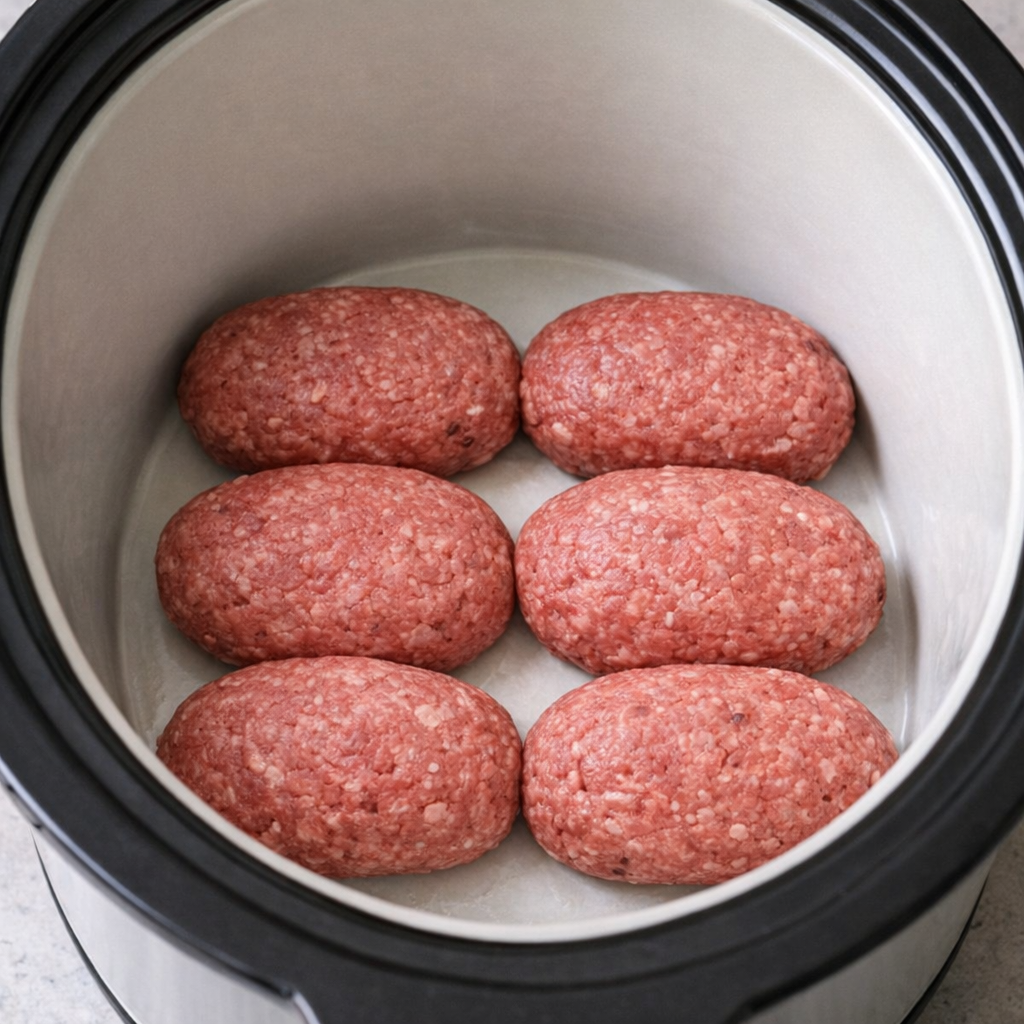 Raw oval beef patties arranged in a slow cooker insert