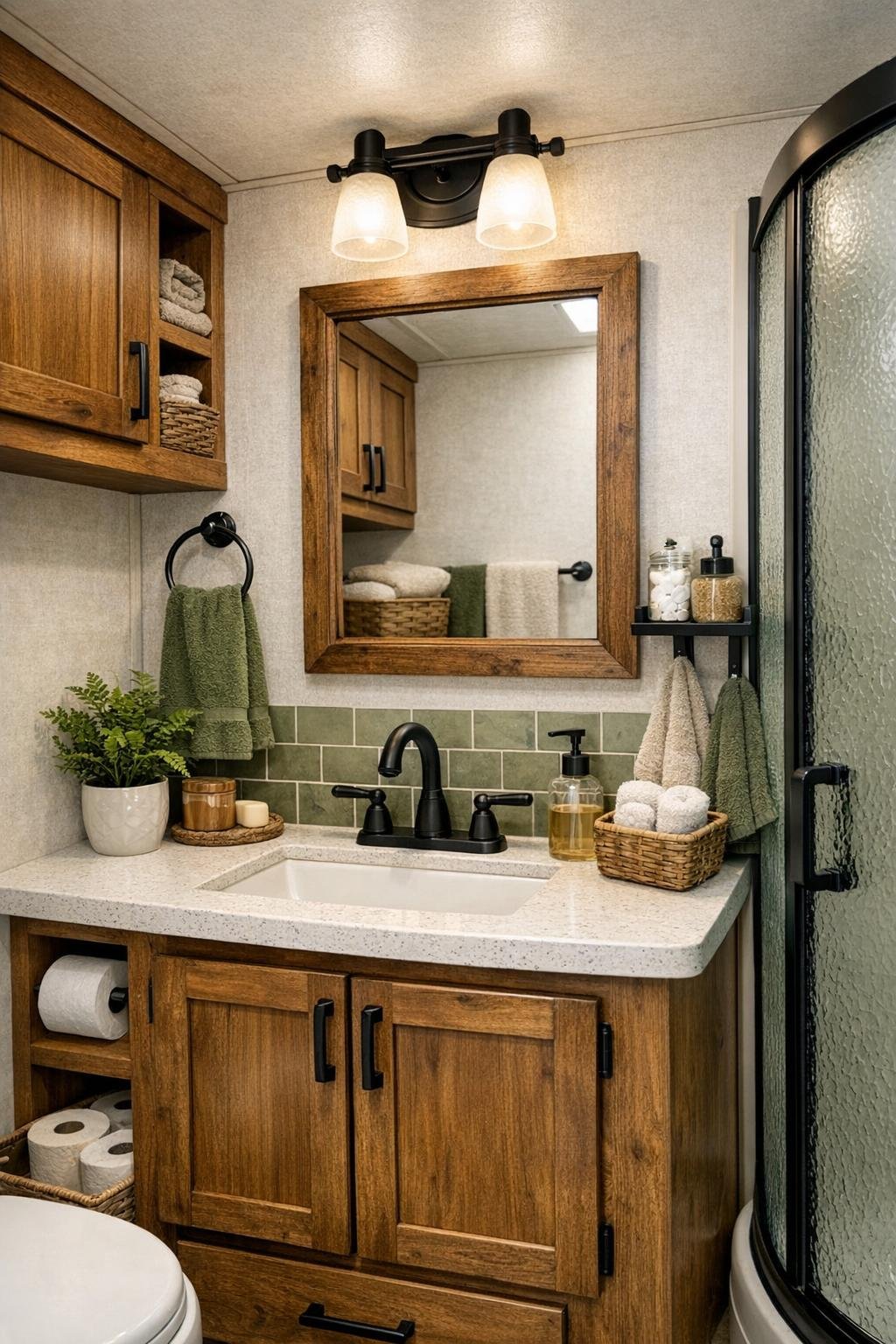 Compact rustic RV bathroom with wood vanity and black fixtures