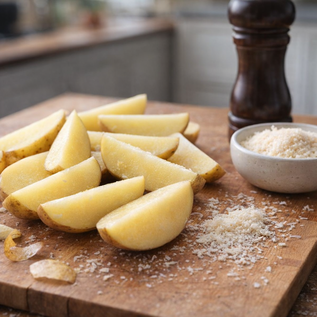 Raw potato wedges on a cutting board beside grated Parmesan
