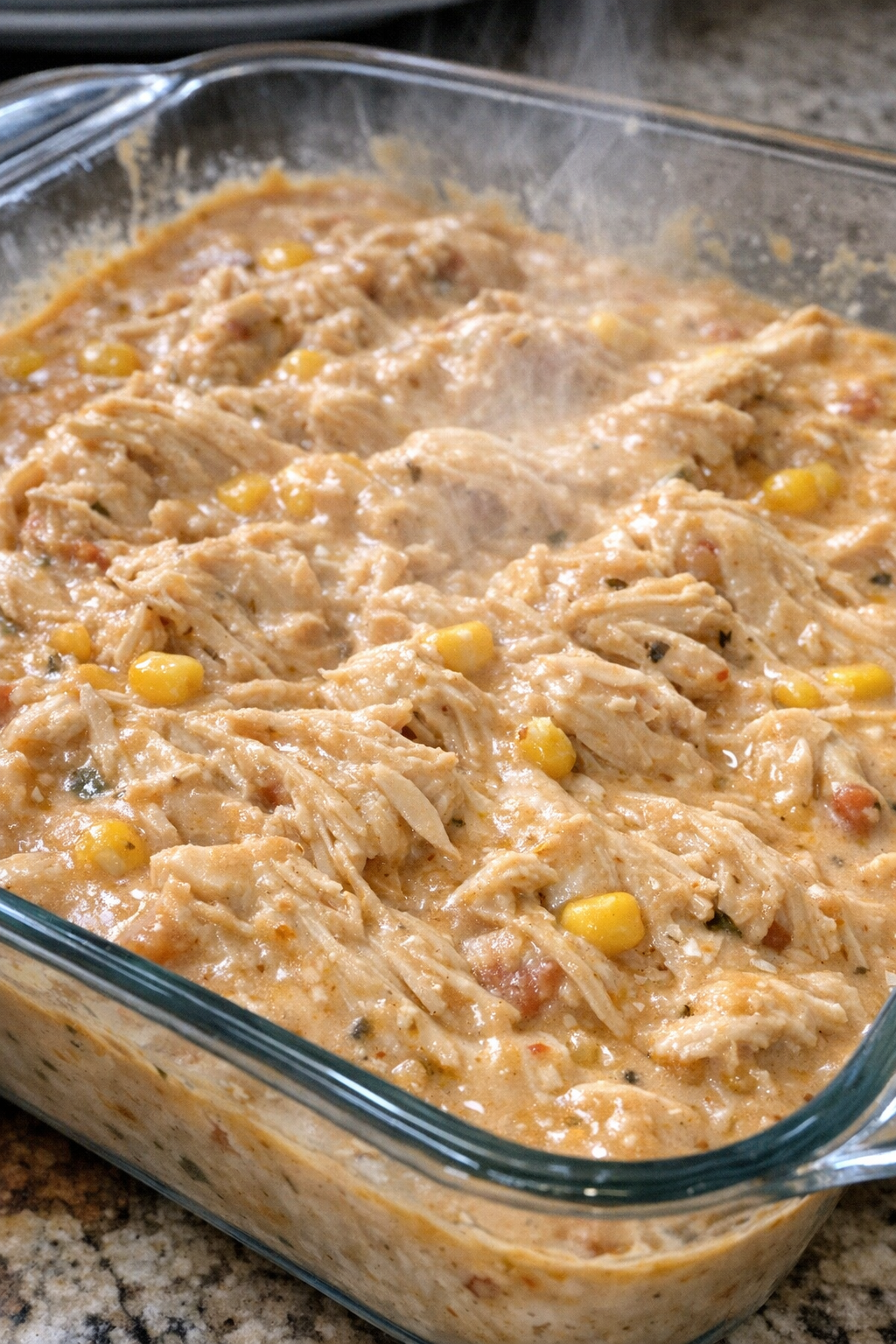 Creamy southwest chicken pot in a glass casserole dish