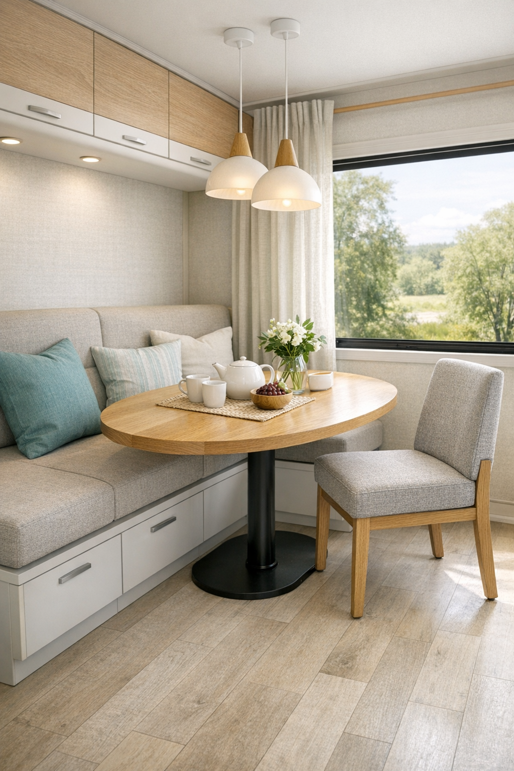 Compact RV dining nook with oak table and bench seating