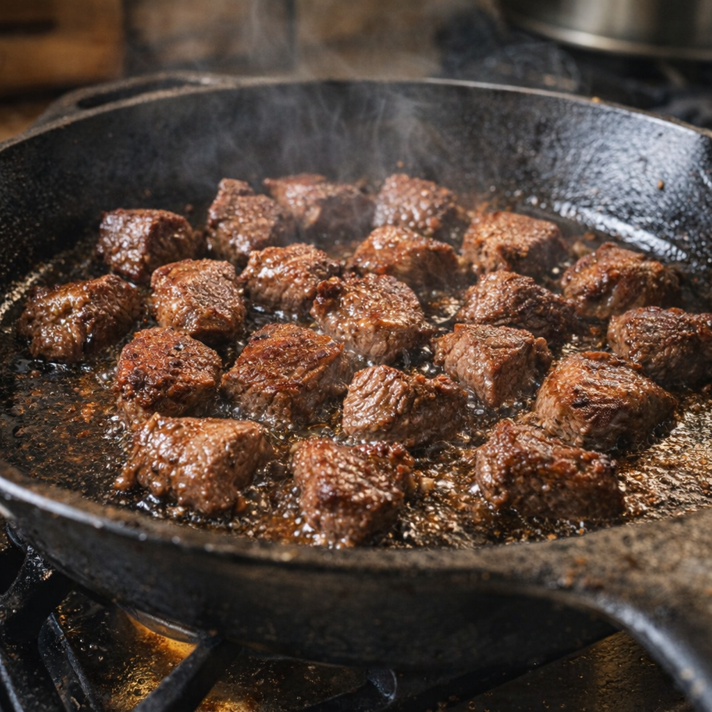 Beef chunks browning in a skillet before going into the slow cooker