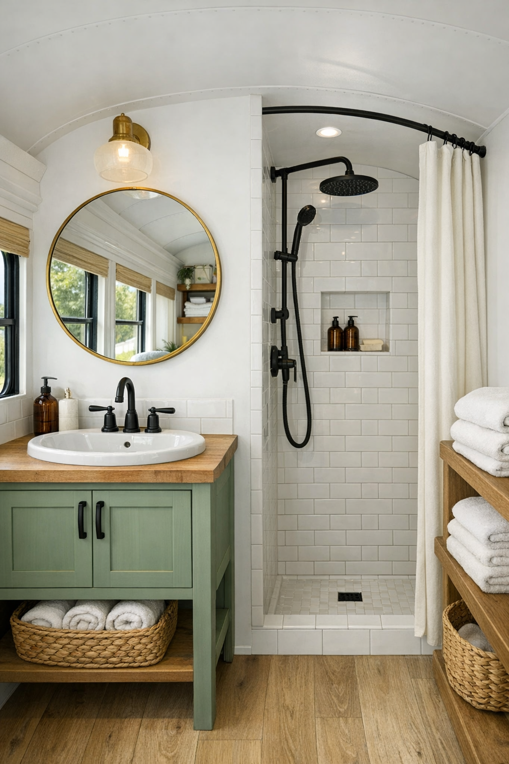 Bright compact bus bathroom with small vanity, round mirror, and white tile shower