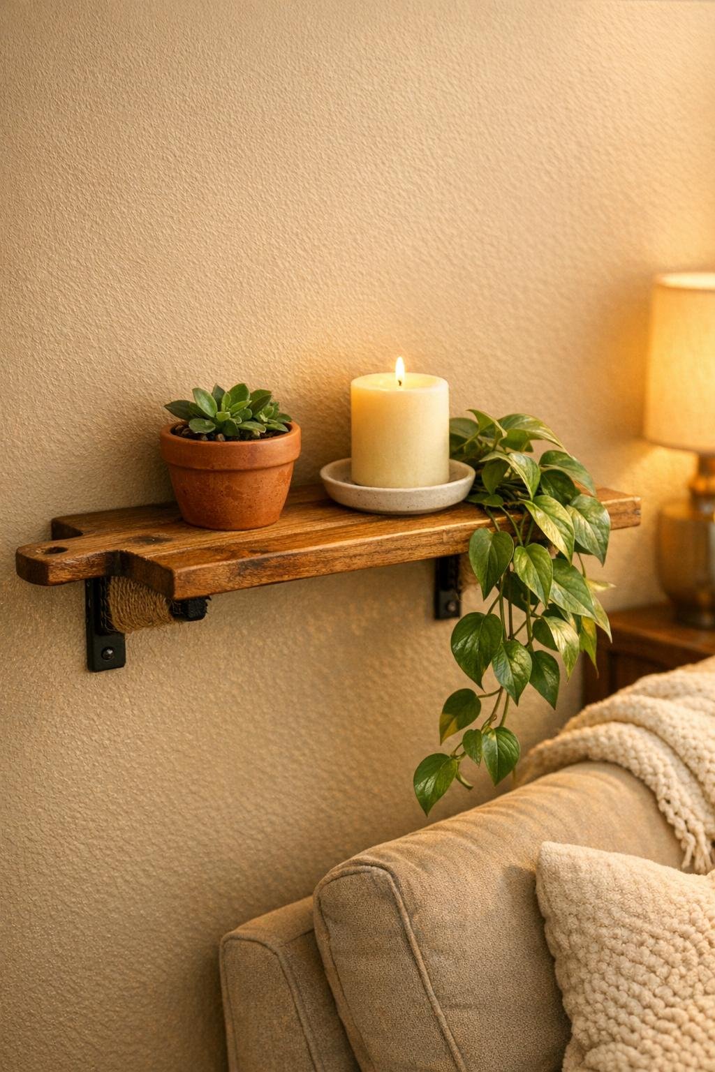 Finished floating plant shelf made from a cutting board on jute-wrapped black brackets in a living room