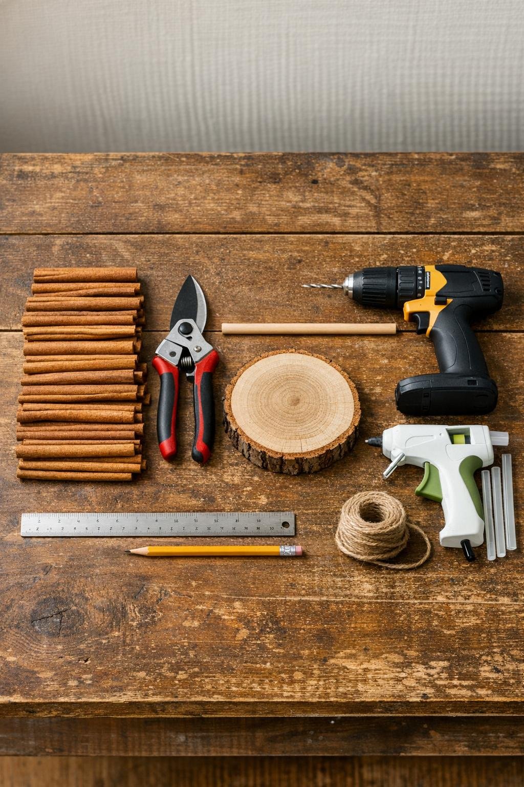 Materials for a cinnamon stick tabletop tree laid out on a wooden surface