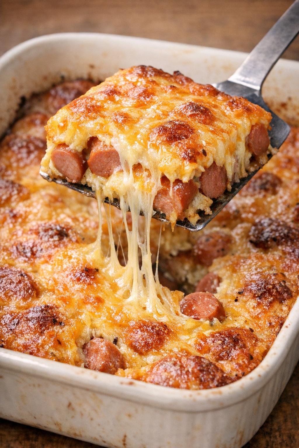 Low carb hot dog garrison bakes with melted cheese pull