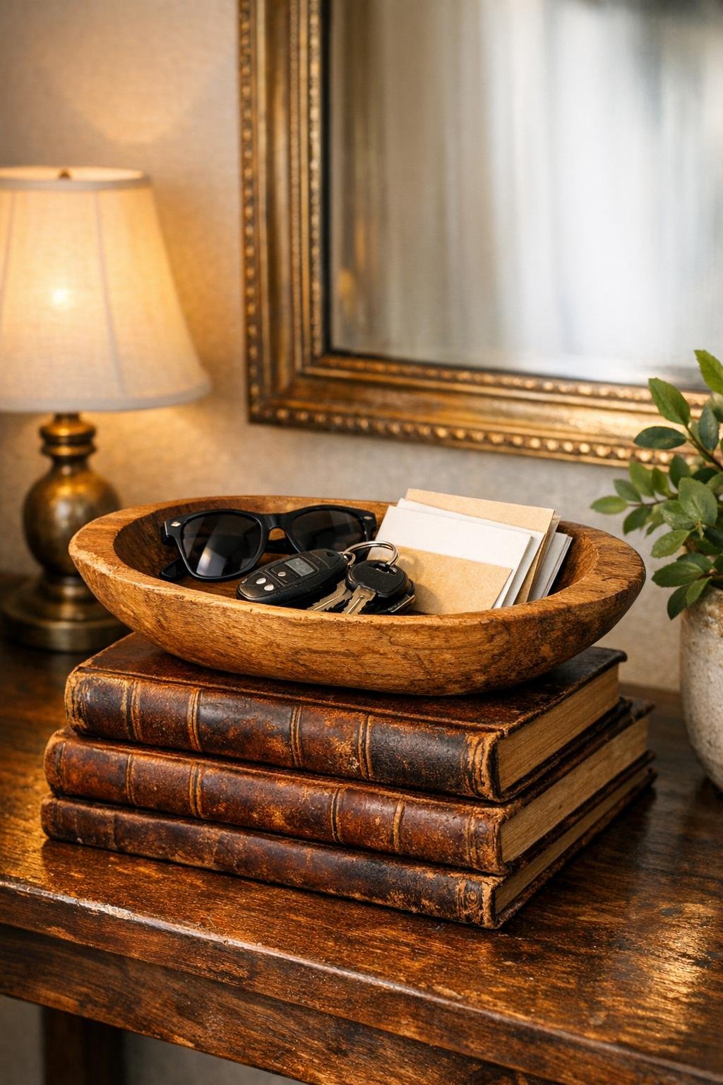 Finished dough bowl pocket emptier styled on an entryway table