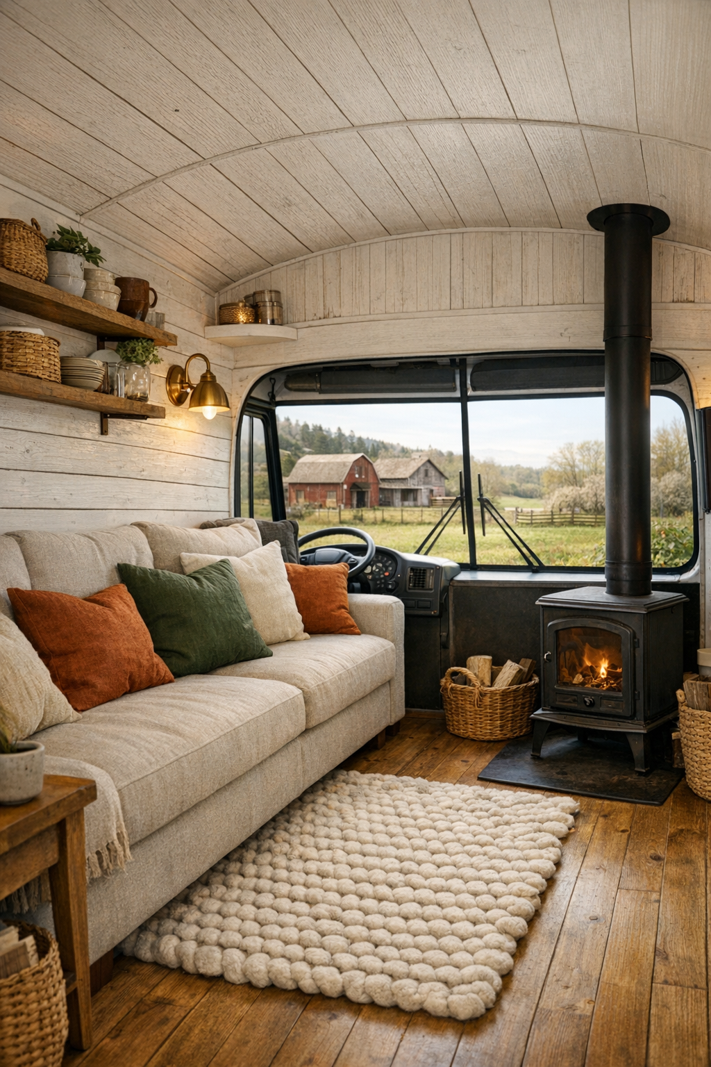 Cozy bus living room with built-in linen seating, cast-iron stove, and warm wood finishes