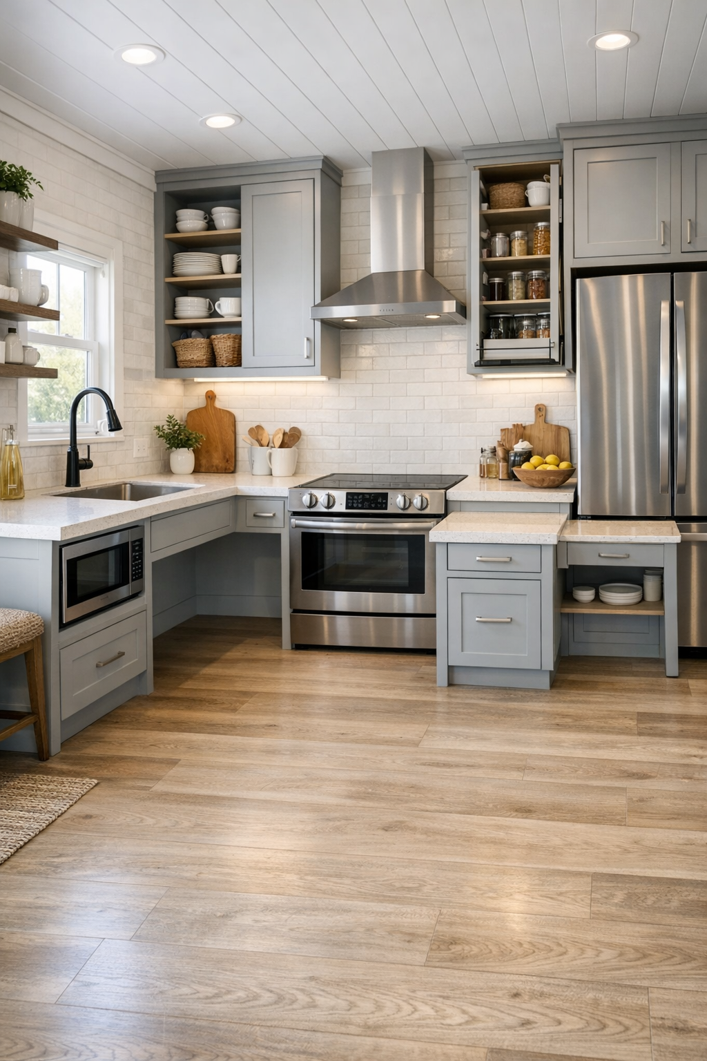 Accessible tiny home kitchen with pale gray cabinets, white quartz counters, and open circulation