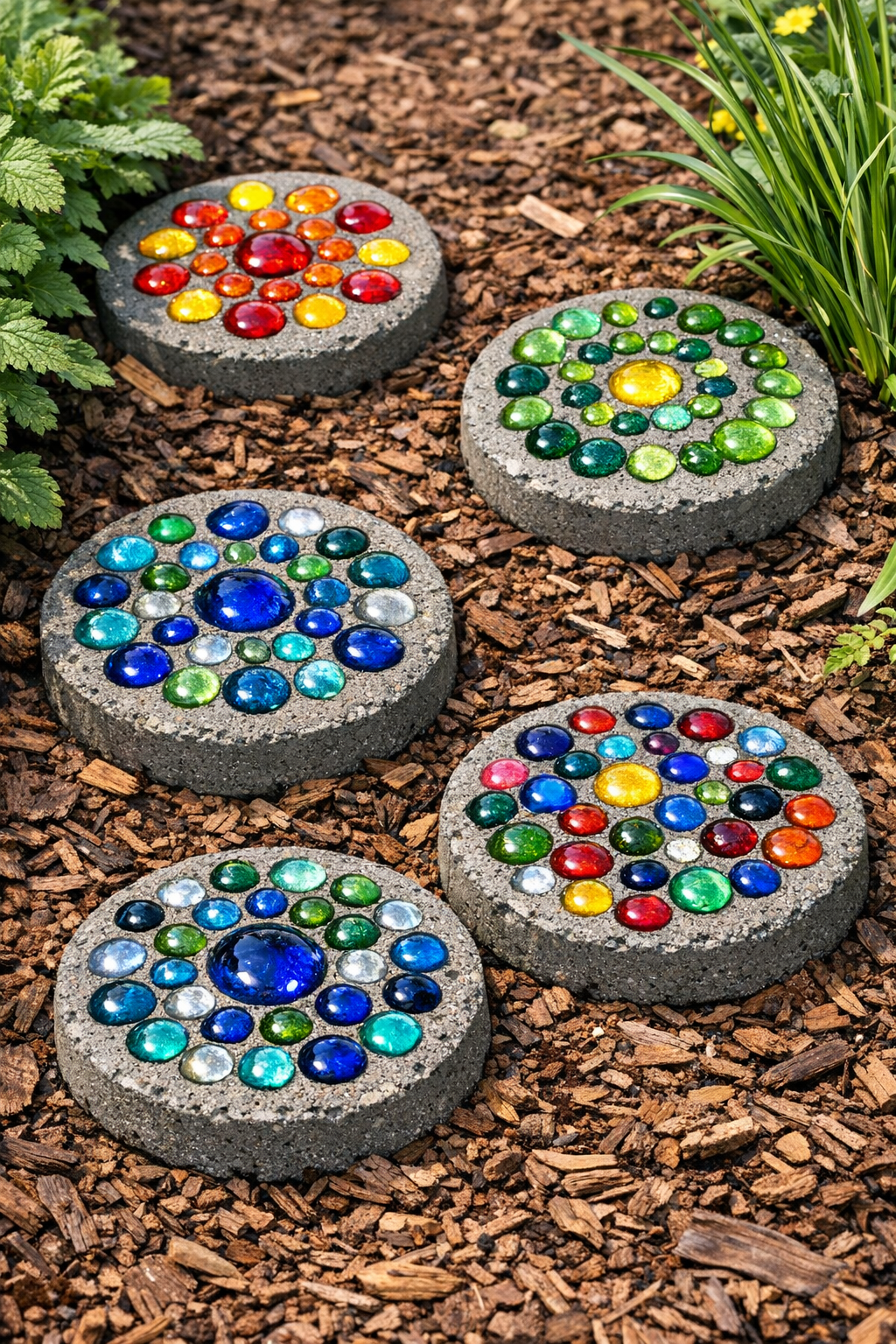 Finished gem-studded garden stepping stones