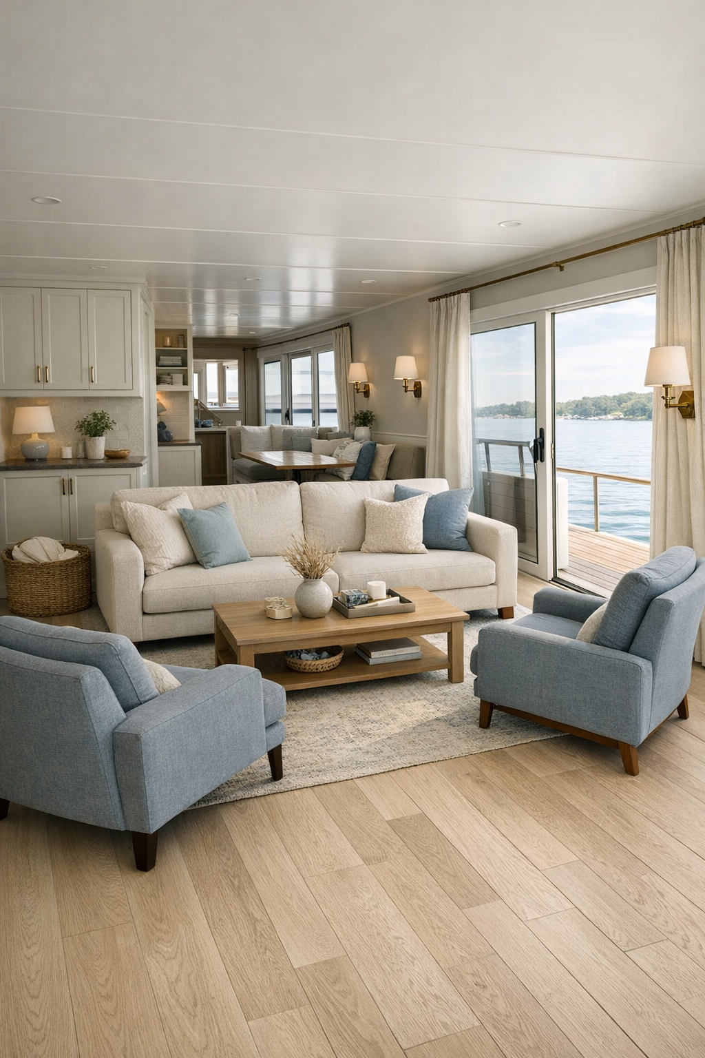 Bright barrier-free living room with pale oak floors and water views