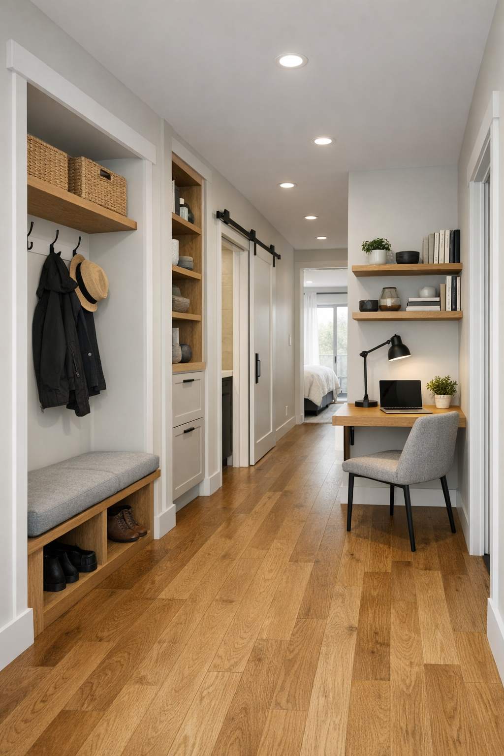 Flexible hallway and office nook with built-in storage in a modern container home