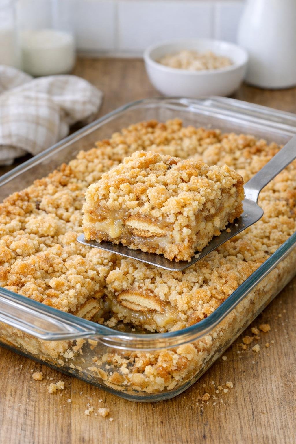 Finished vanilla wafer crumble bars in a glass baking dish