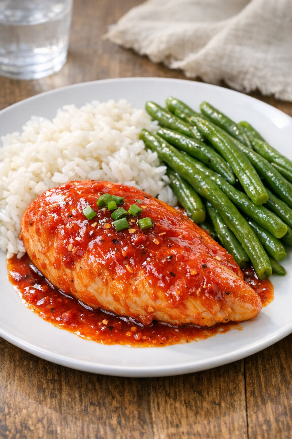 Plated firecracker chicken with rice and green beans