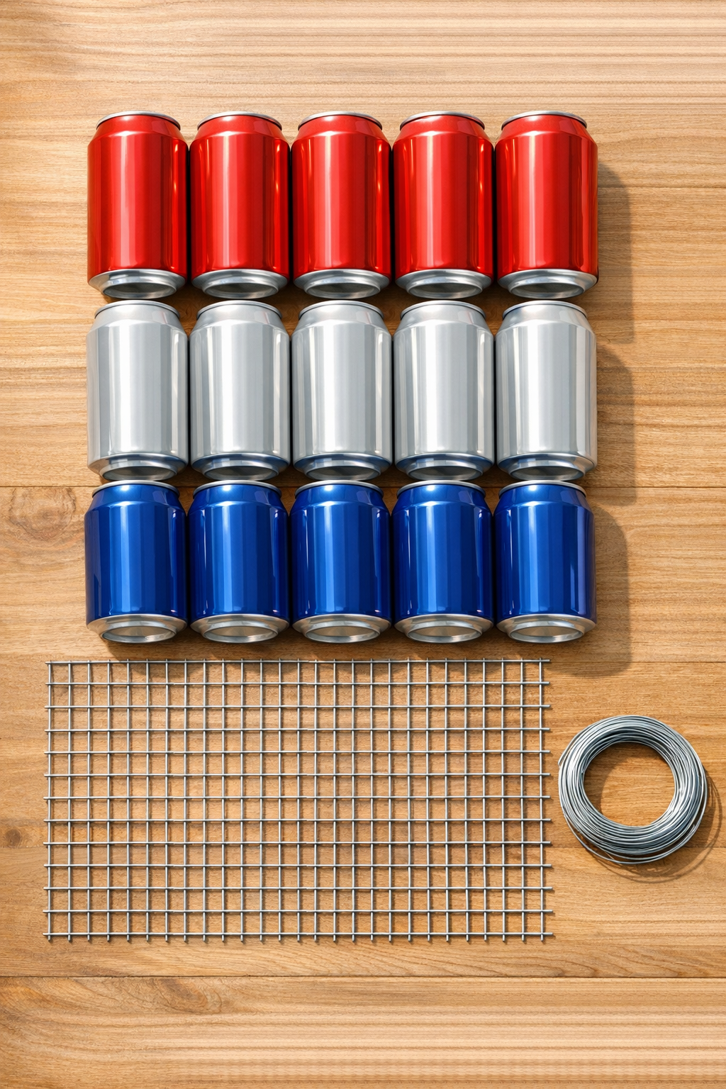 Materials laid out for patriotic soda can outdoor siding project