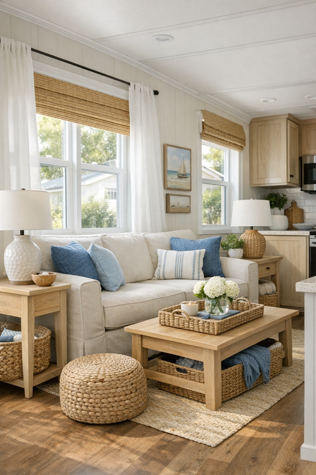 Coastal park model RV living room with soft sofa, woven textures, and bright windows
