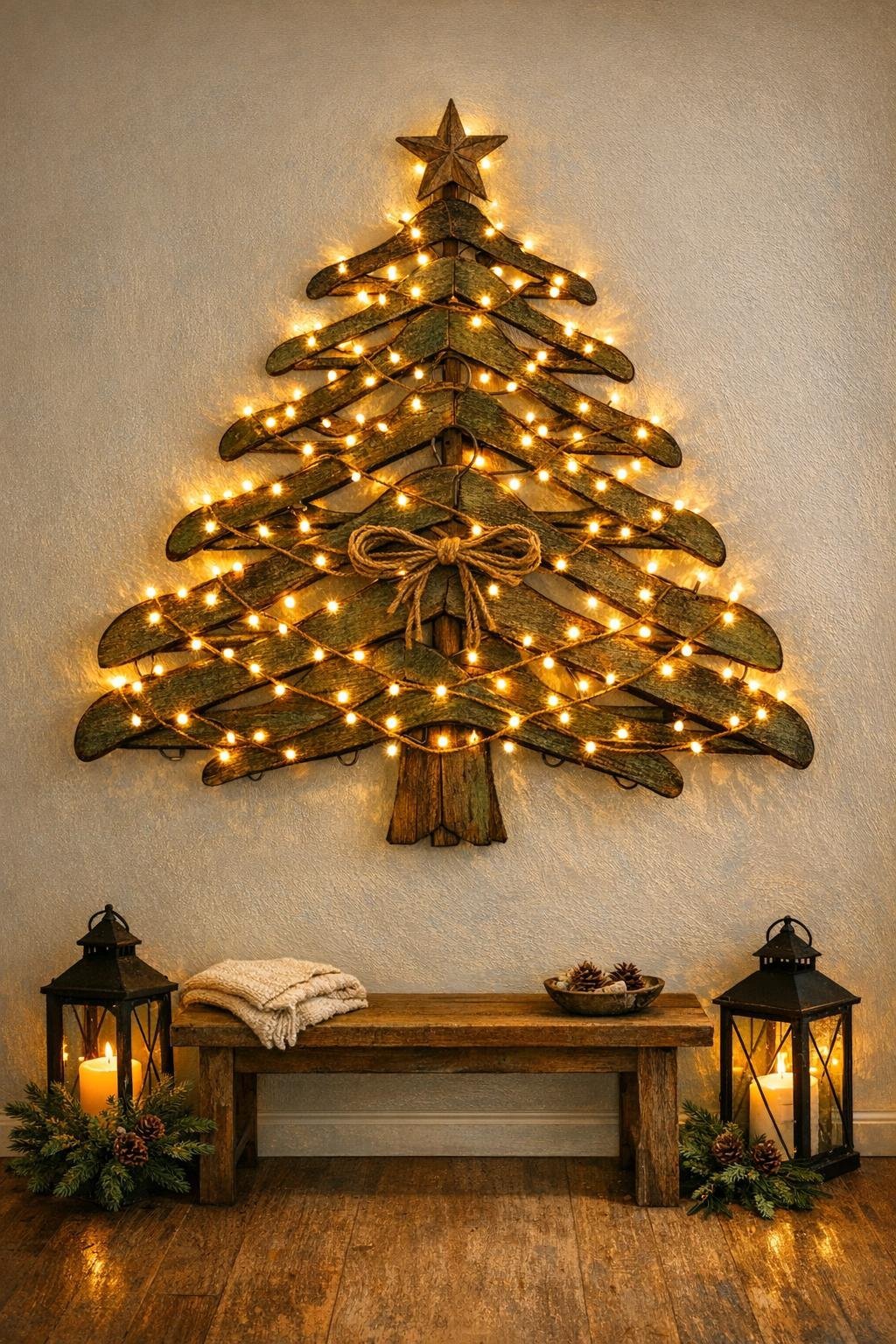 Finished wall tree made from old wooden hangers hanging with lights and star topper