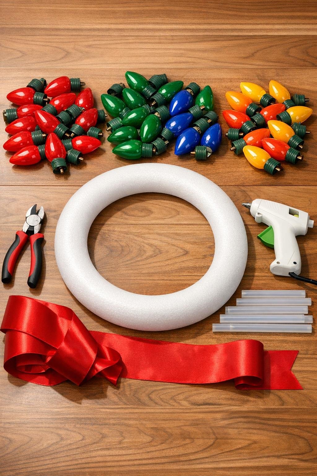 Materials for a wreath made from salvaged Christmas bulbs laid out on a table