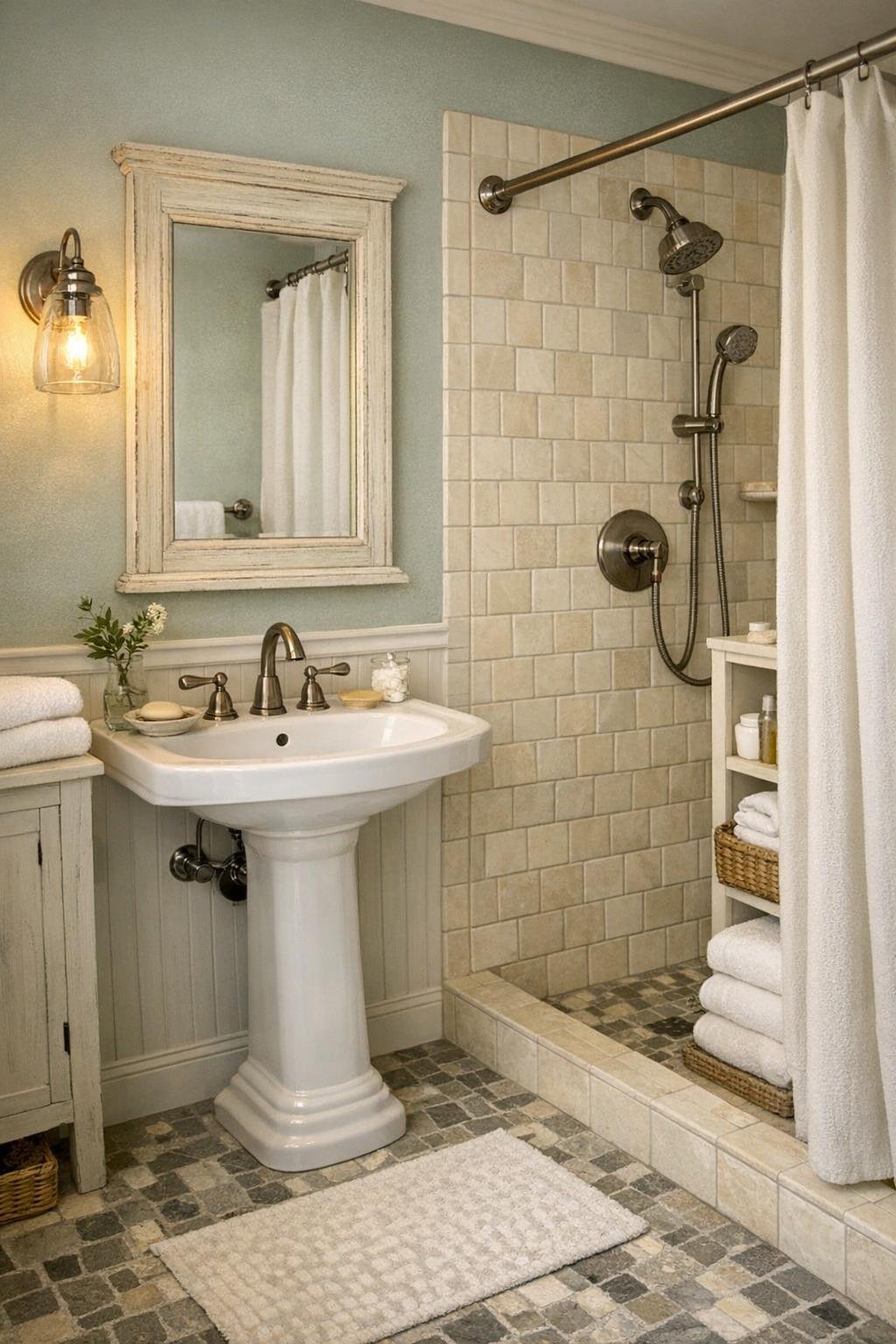Small cottage bathroom with pedestal sink and tiled shower