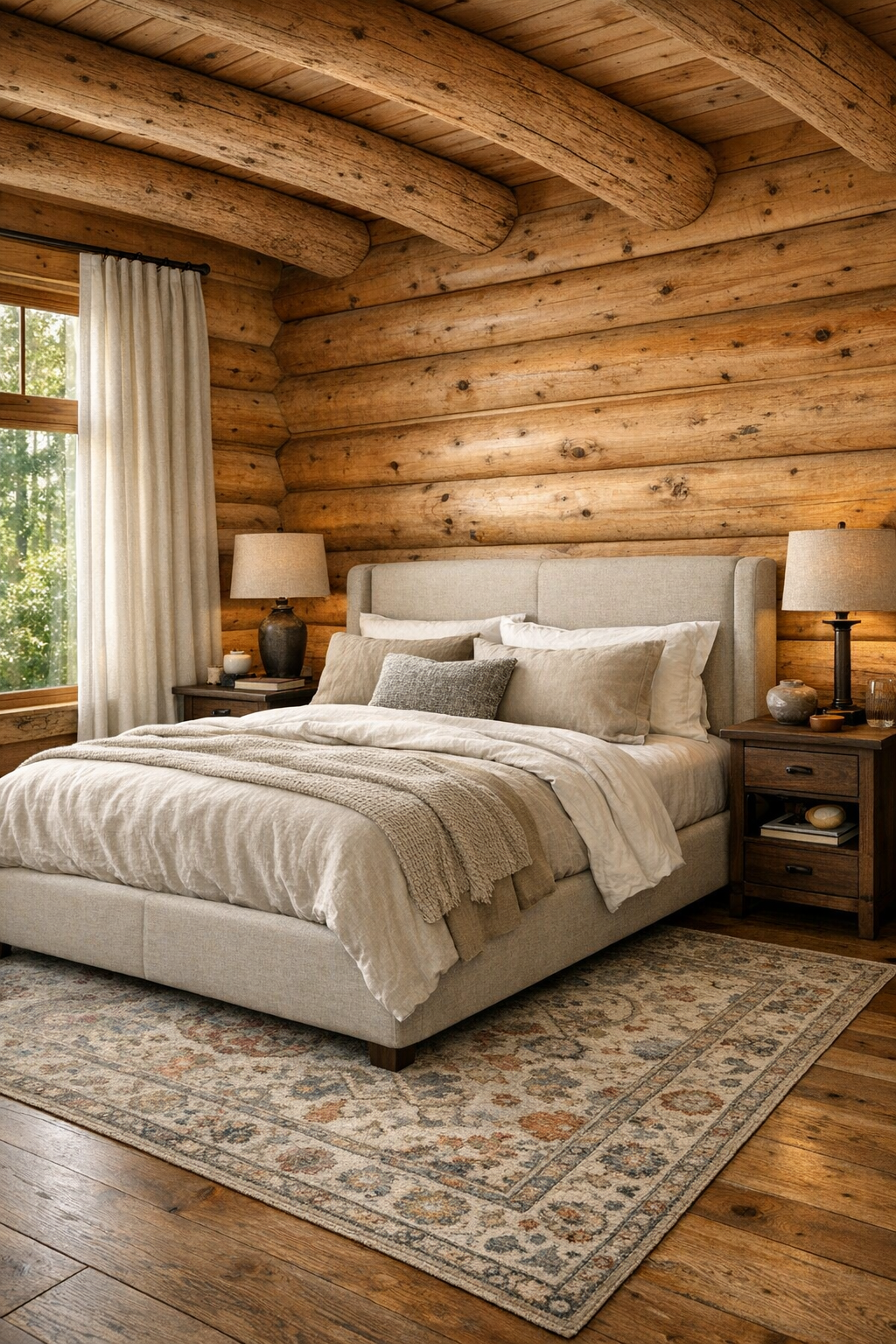 Bedroom with upholstered bed, cedar walls, and layered neutral textiles