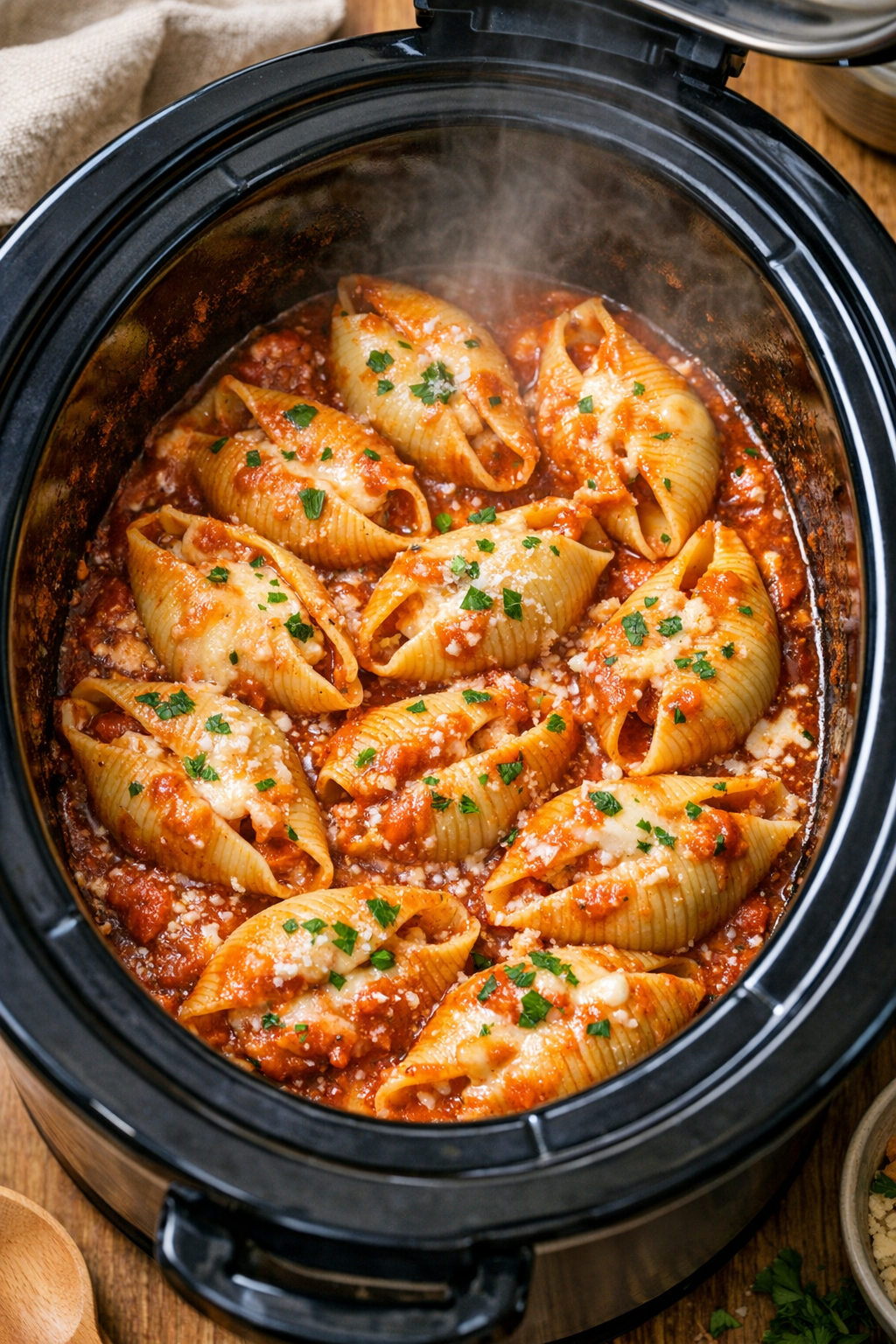 Tender shells cooked in sauce in slow cooker