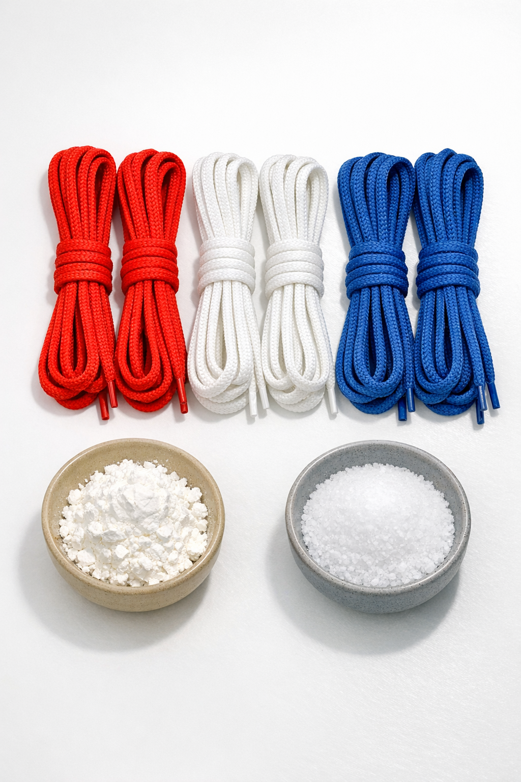 Raw materials for melted nylon shoelace strapping laid out neatly