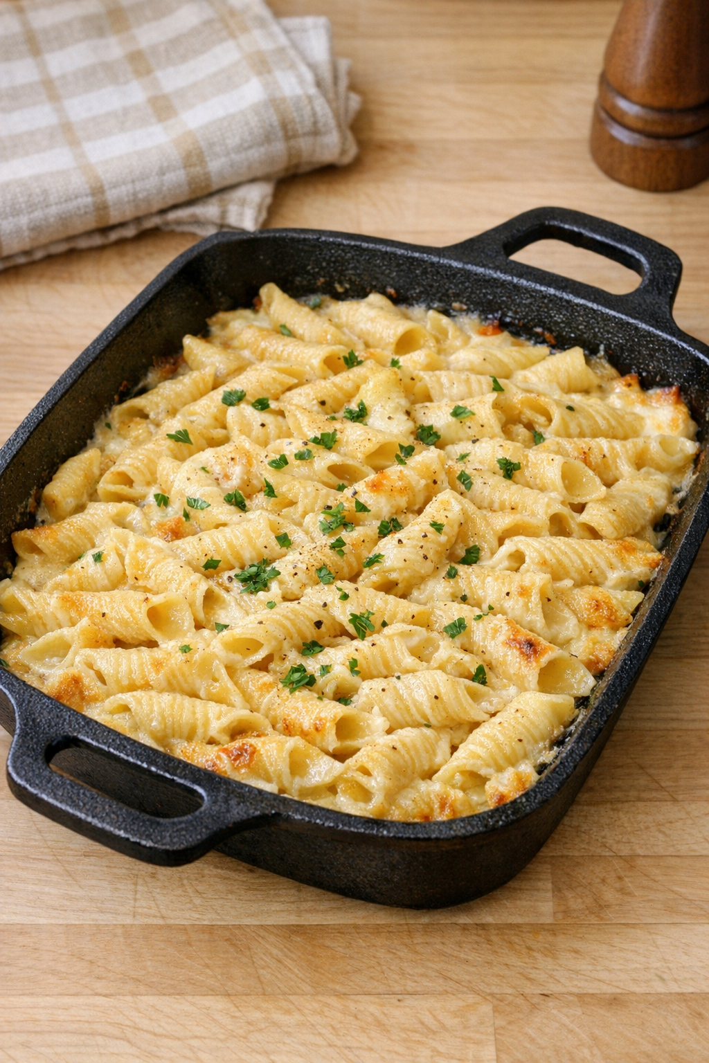 Finished Amish butter pasta bake in cast iron pan