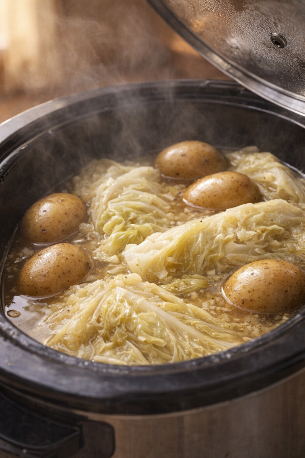 Tender cooked cabbage and potatoes steaming in the slow cooker