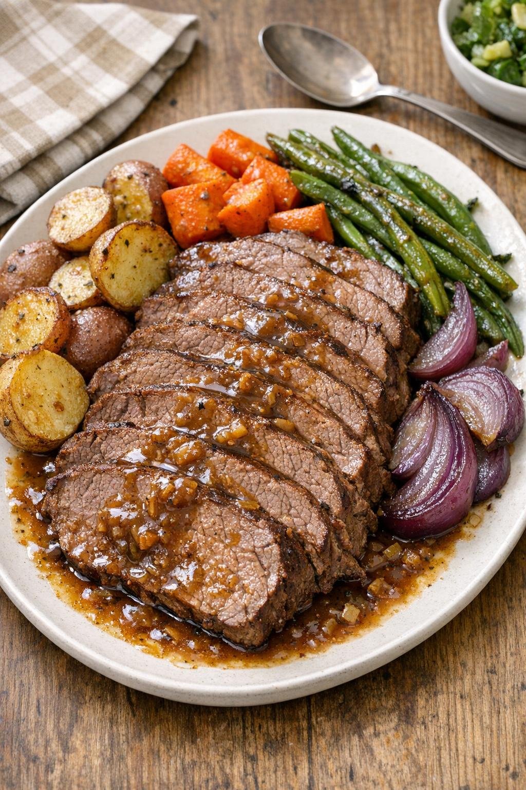 Finished oven beef sliced on a platter with pan juices