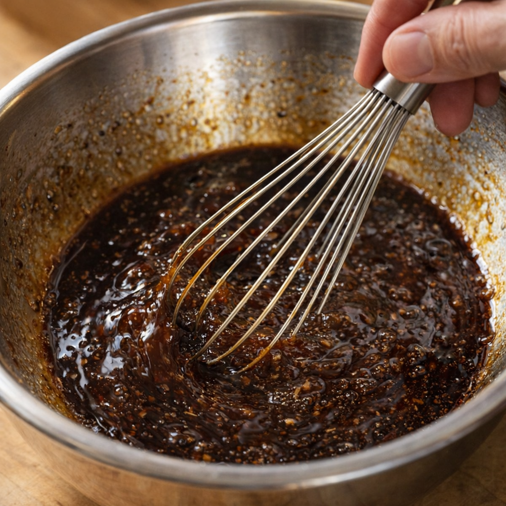 Brown sugar sauce being whisked in a mixing bowl