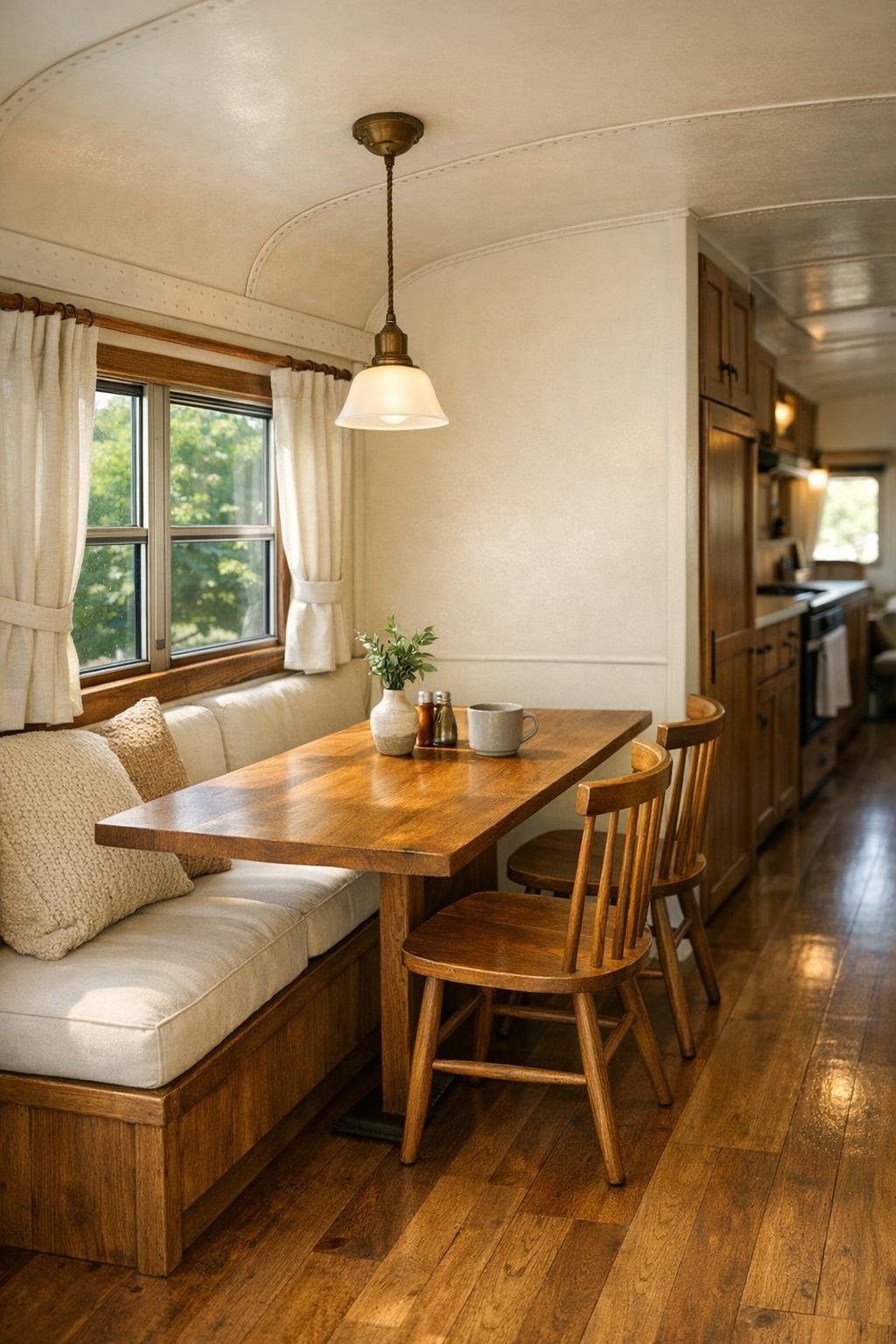 Compact dining nook inside the bus with built-in table and bench seating