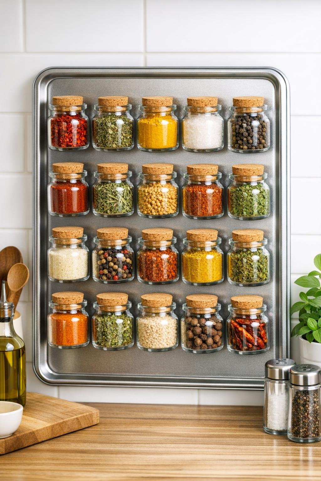 Finished magnetic spice rack with cork-topped jars on a metal cookie sheet