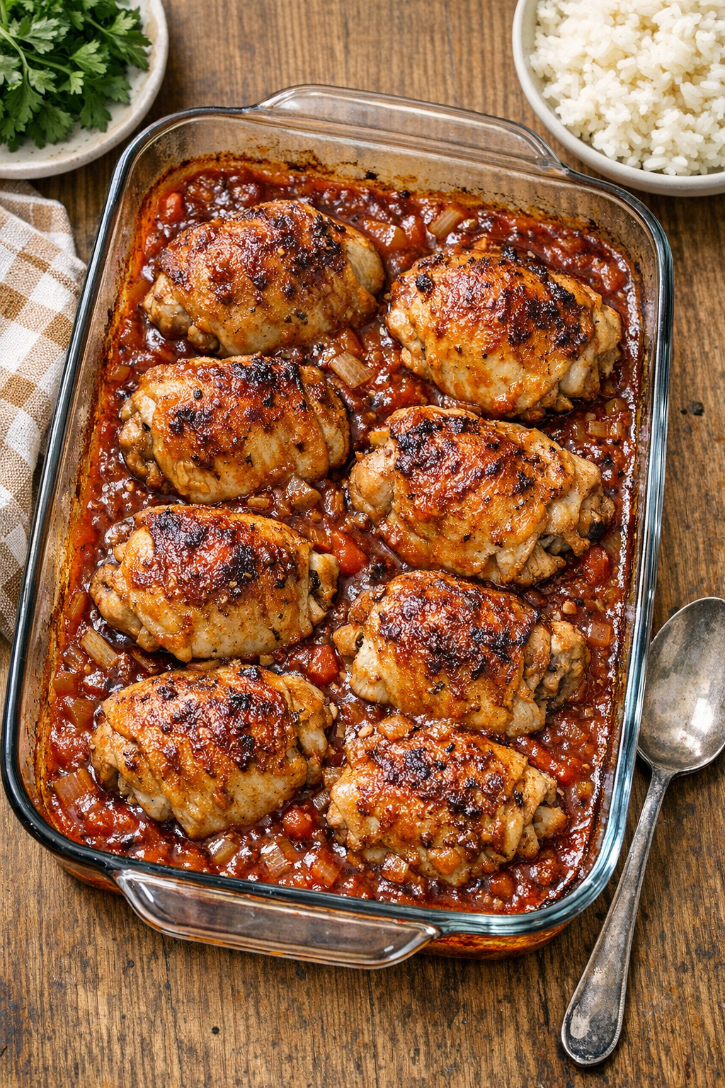 Baked red sauced chicken thighs in a glass casserole dish