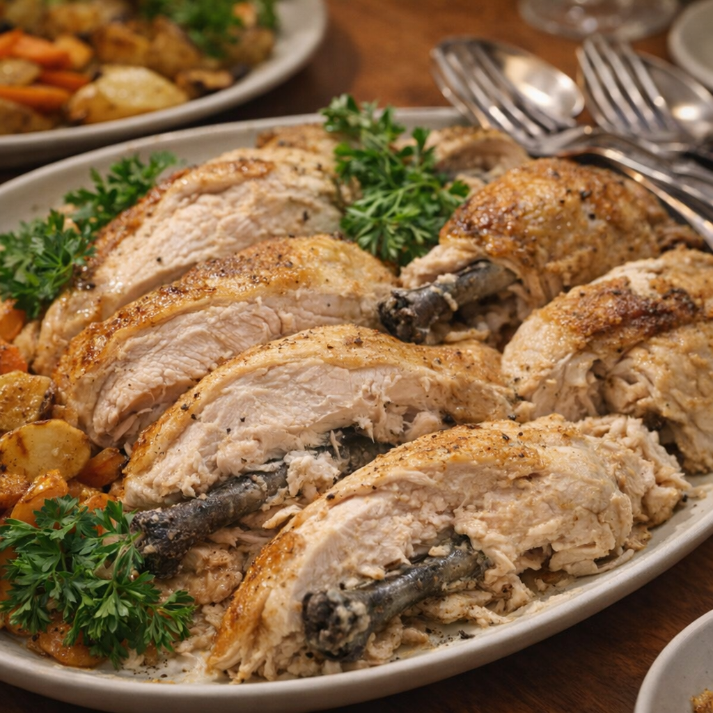 Family-style roasted chicken on a platter with serving utensils