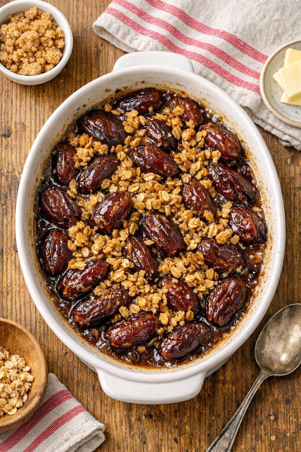 Finished baked date dessert in a casserole dish