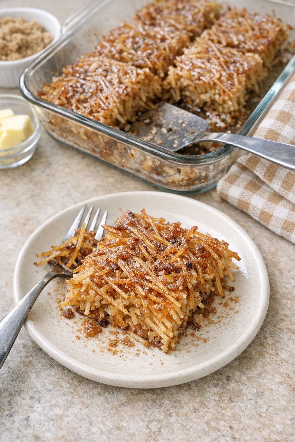 Finished baked spaghetti dessert in a glass dish