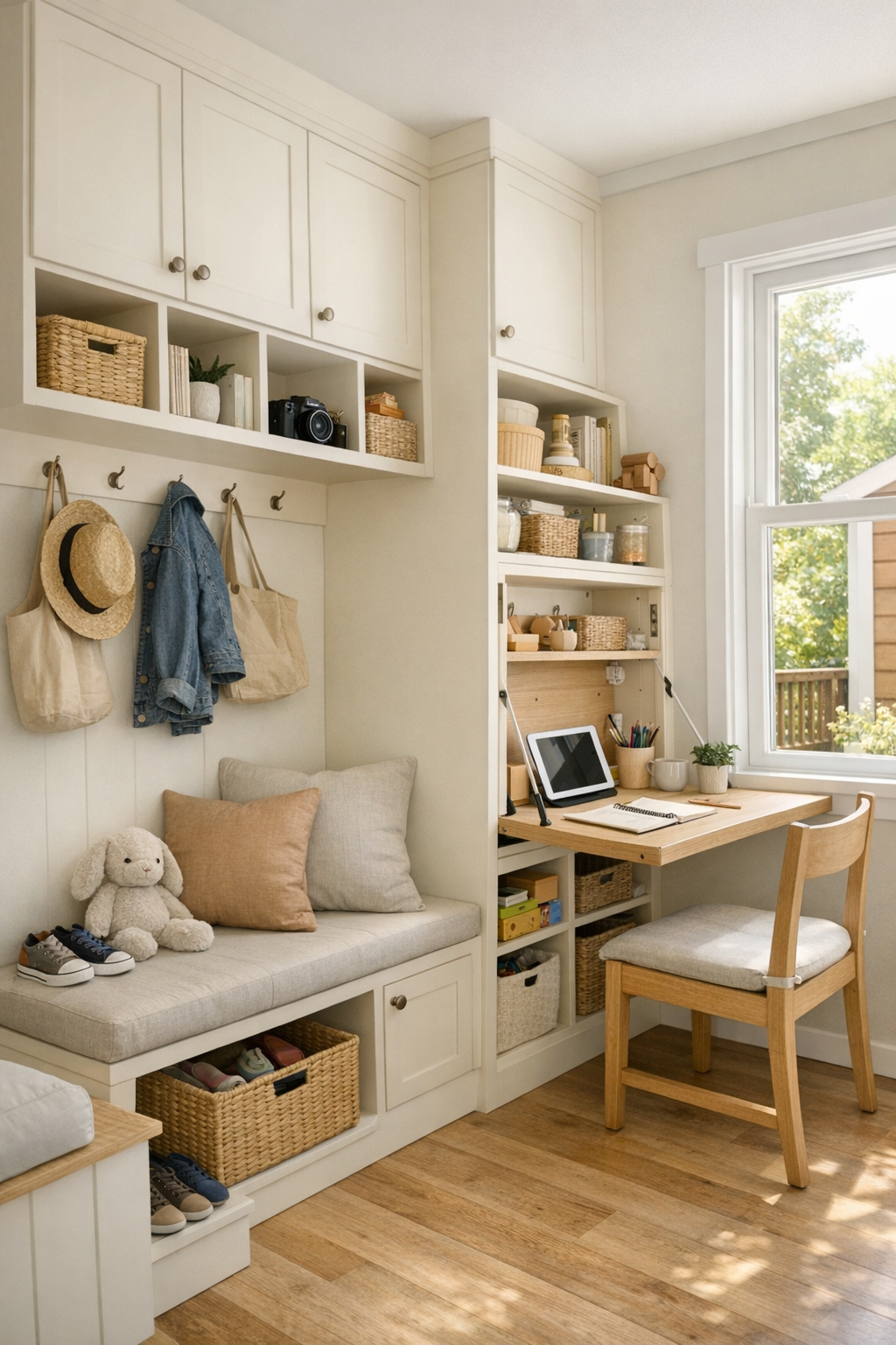 Tiny home multiuse nook with built-in storage, a small bench, and a fold-down workspace