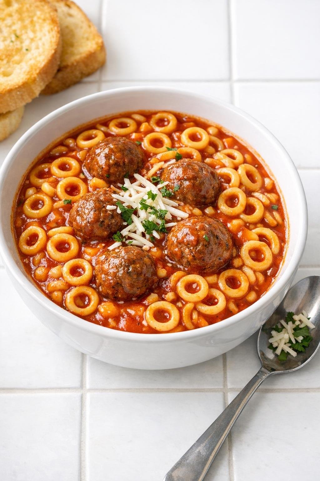 Finished slow cooker spaghetti rings and beef meatballs in a serving bowl
