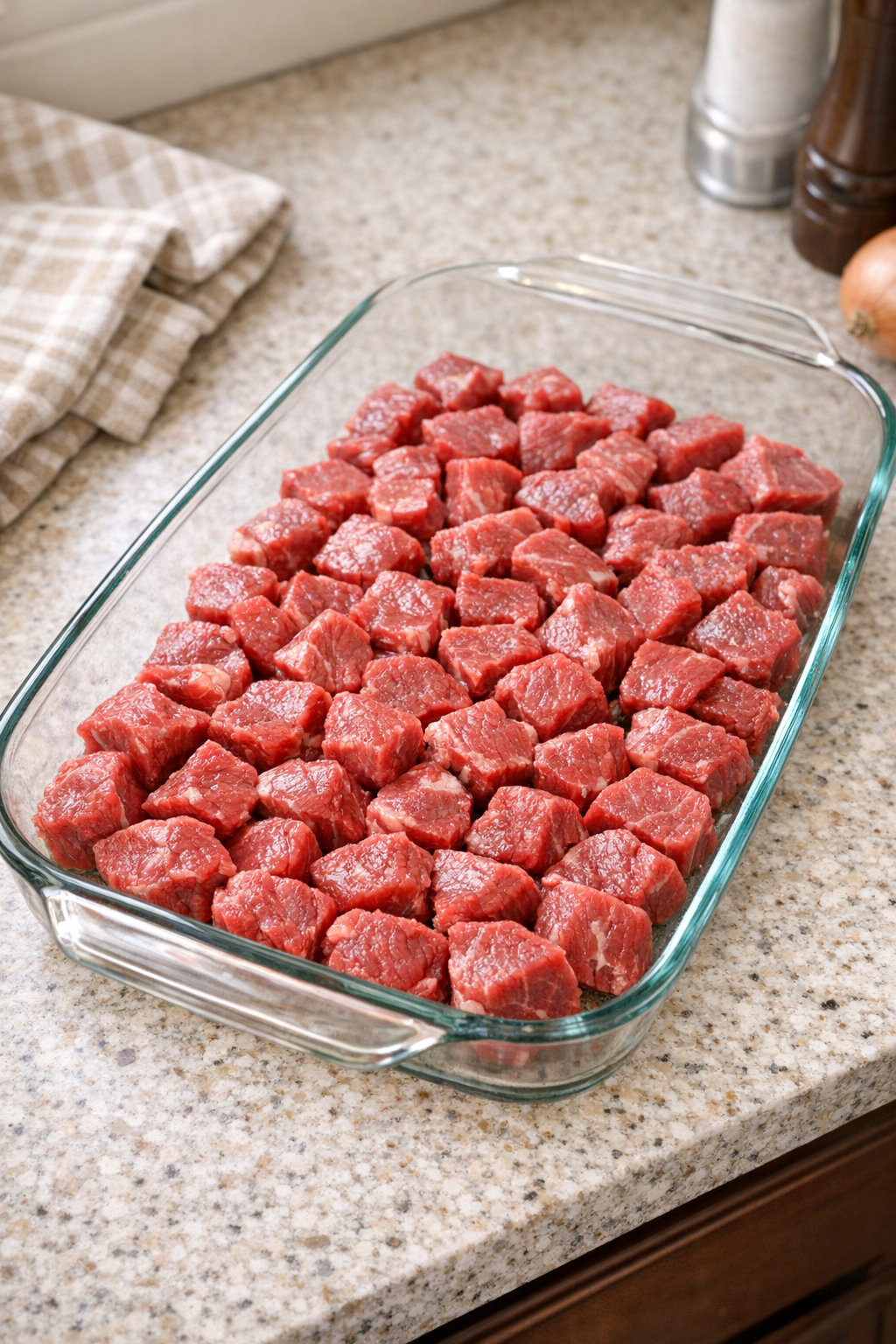 Cubed beef spread in a glass casserole dish
