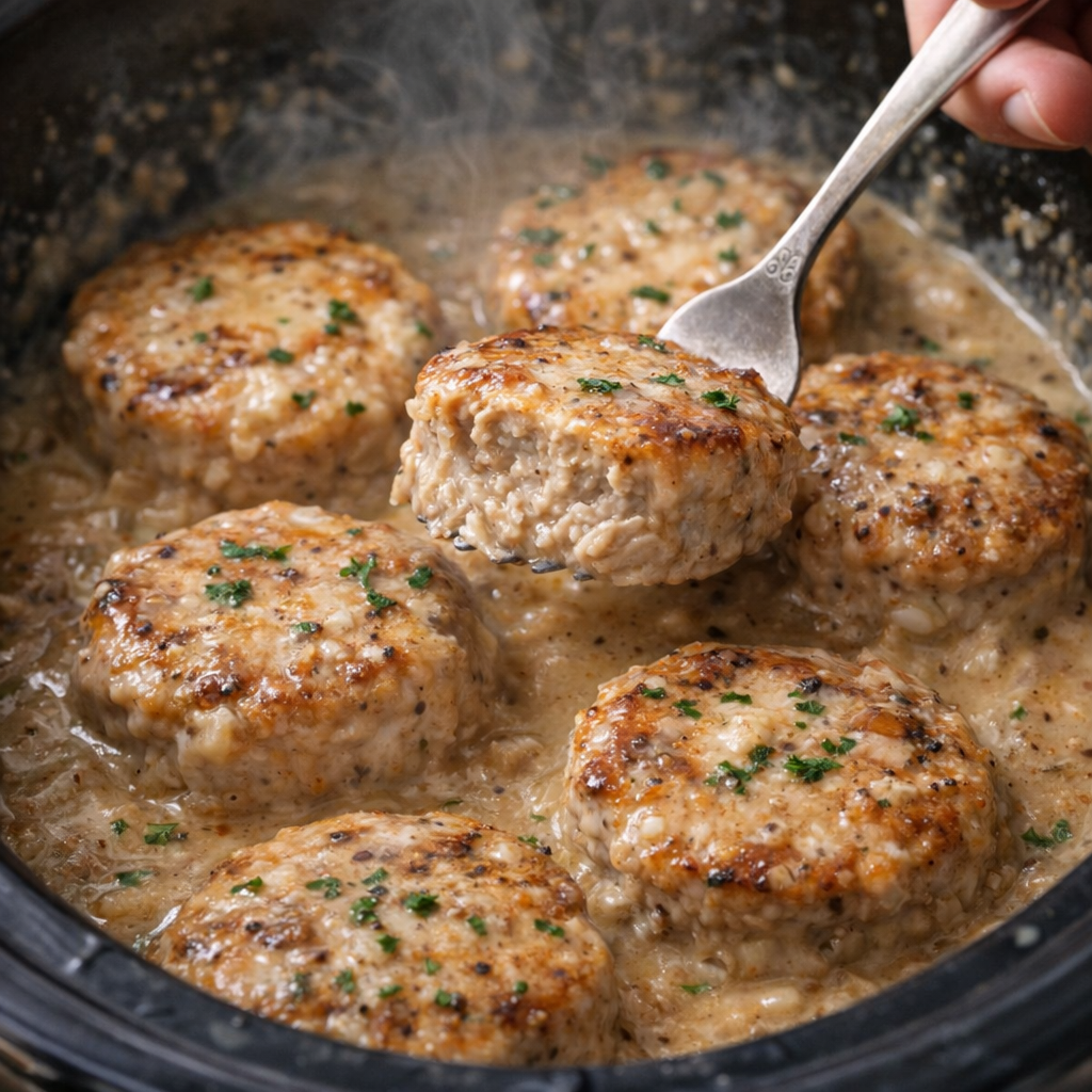 Cooked pork medallions stirred into creamy gravy