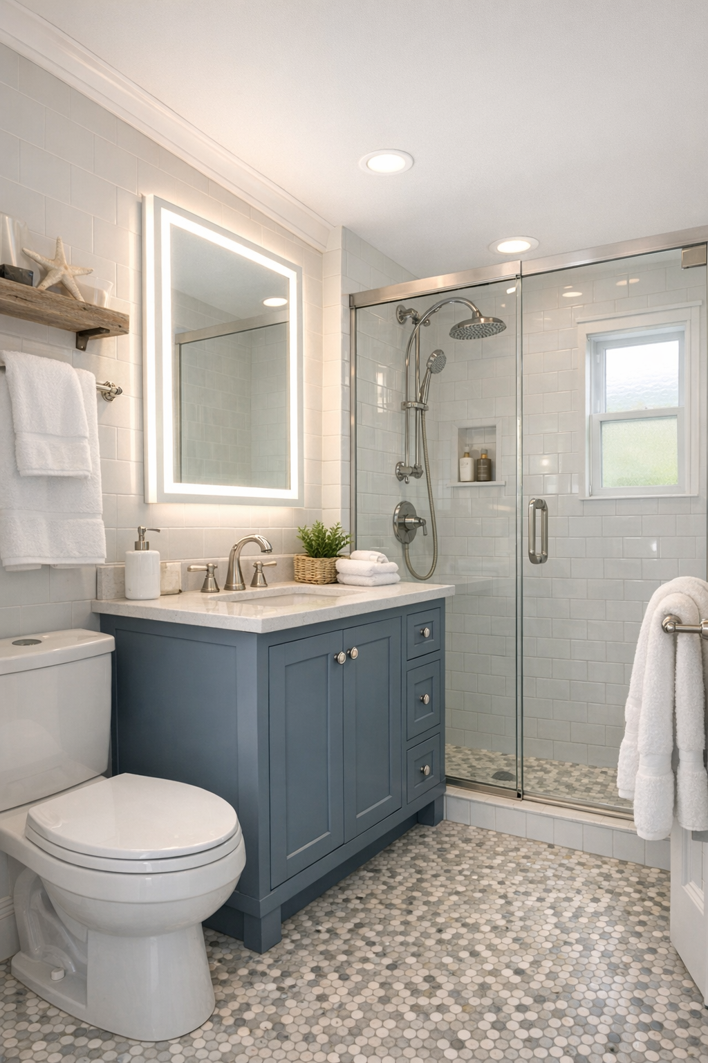 Bright coastal bathroom with white tile, blue-gray vanity, and polished fixtures
