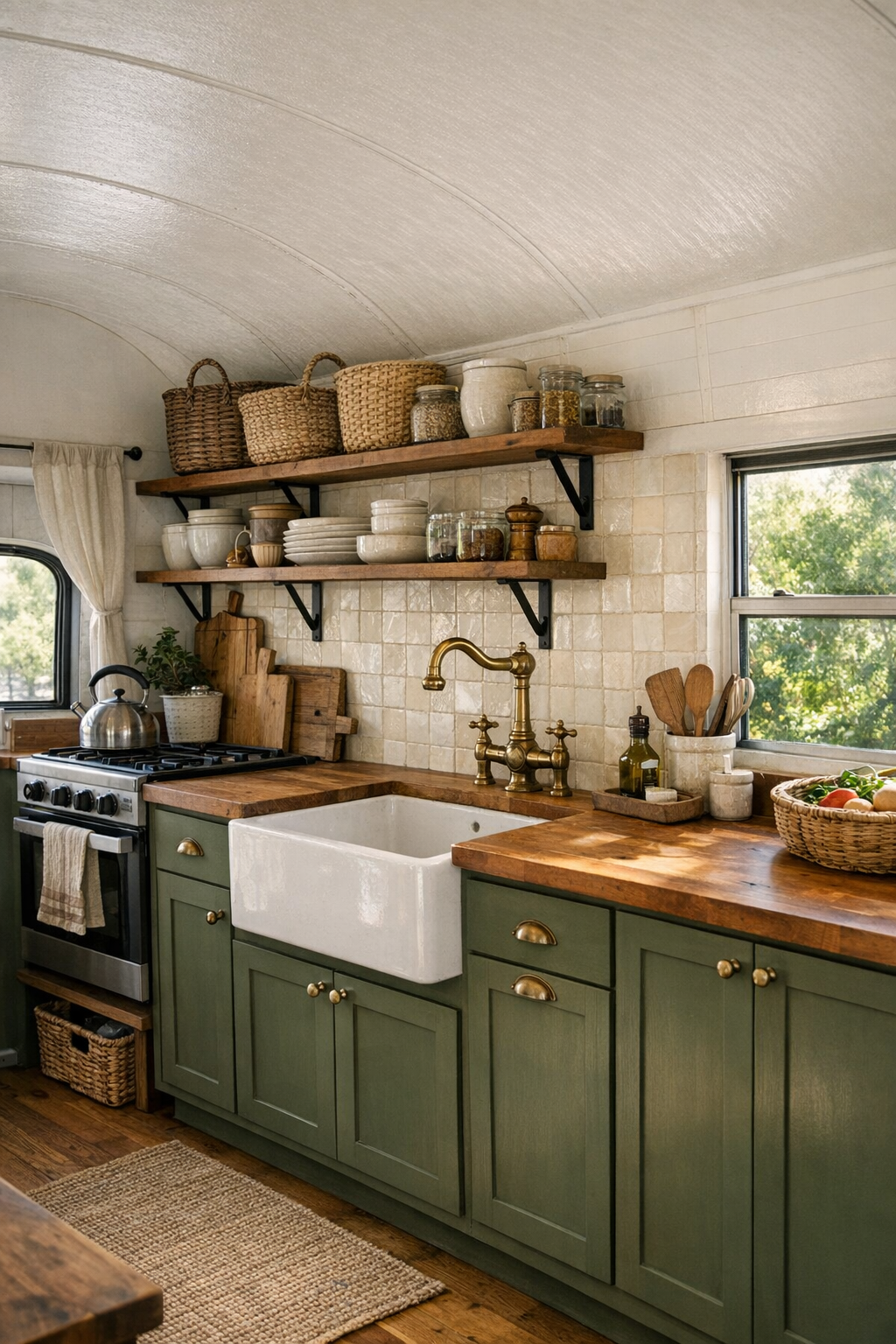 Rustic bus kitchen with olive cabinets, butcher block counters, and farmhouse sink