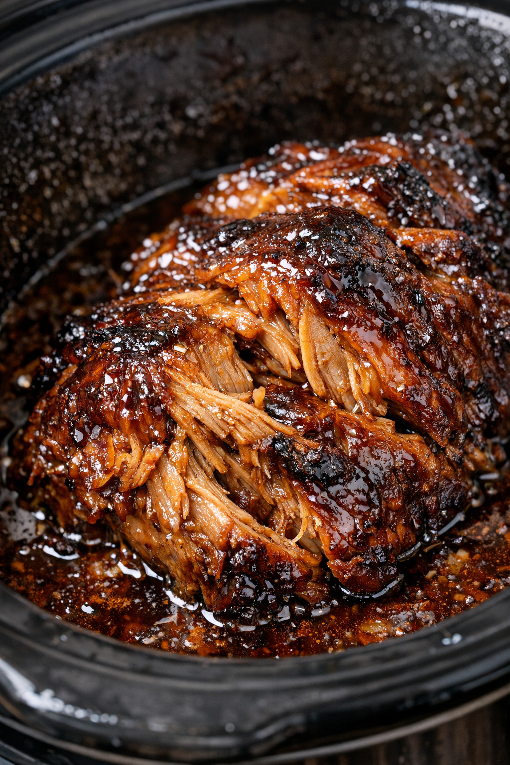 Glazed slow cooker picnic-style protein in dark amber sauce