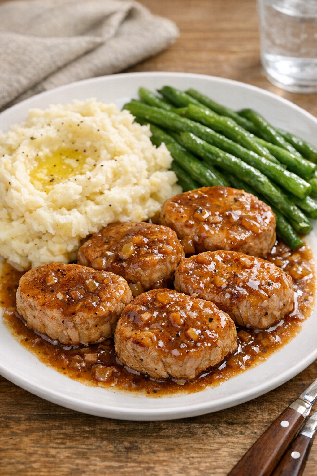 Finished slow cooker pork medallions plated with sauce