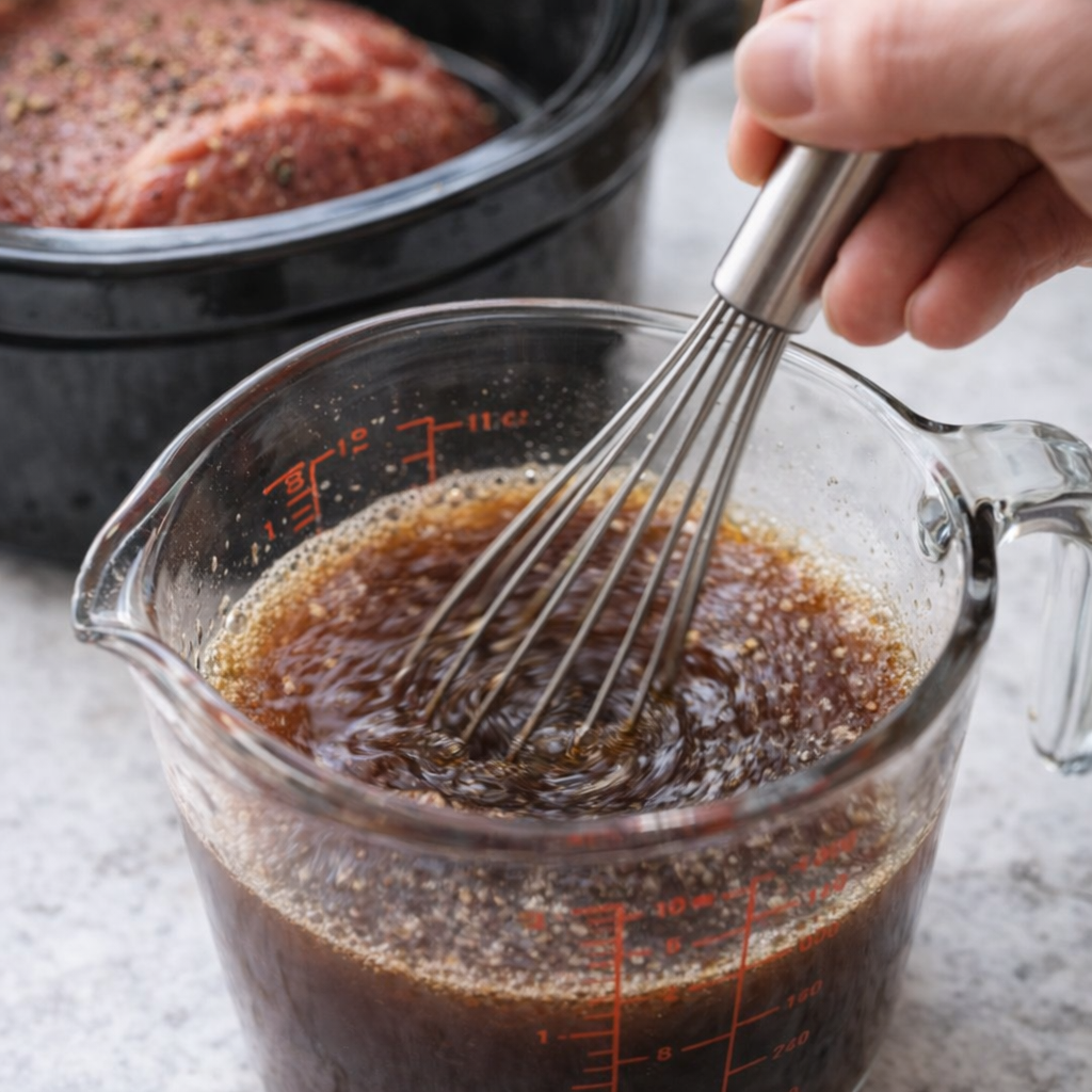 Broth mixture being whisked in a glass measuring cup
