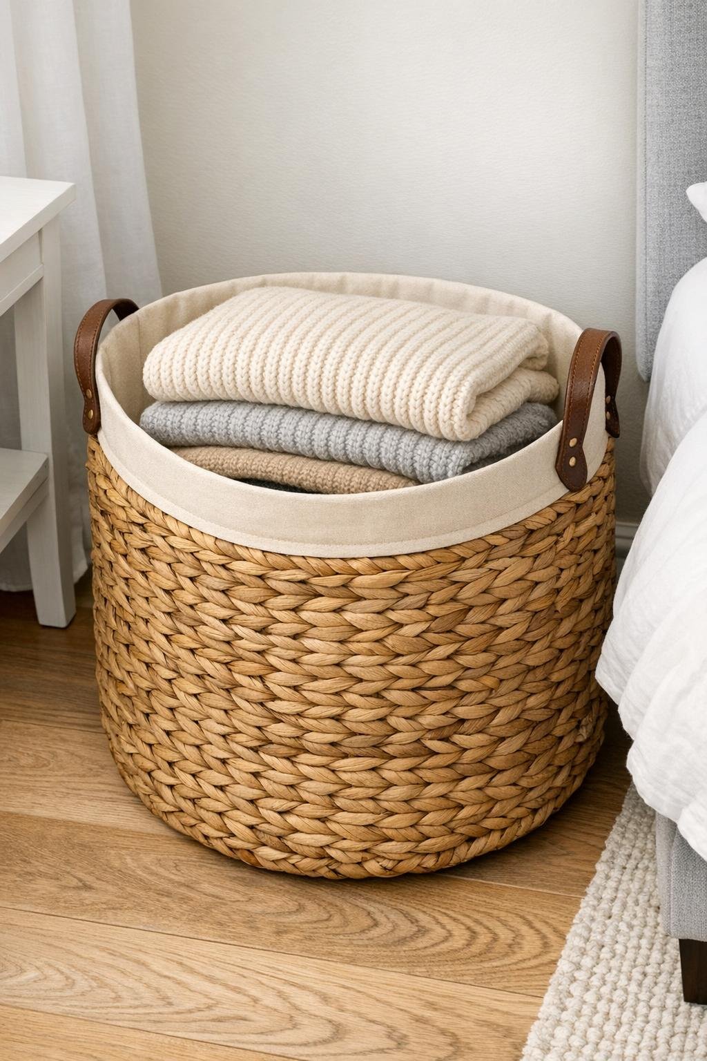 Finished woven seagrass bedroom sweater bin with canvas liner