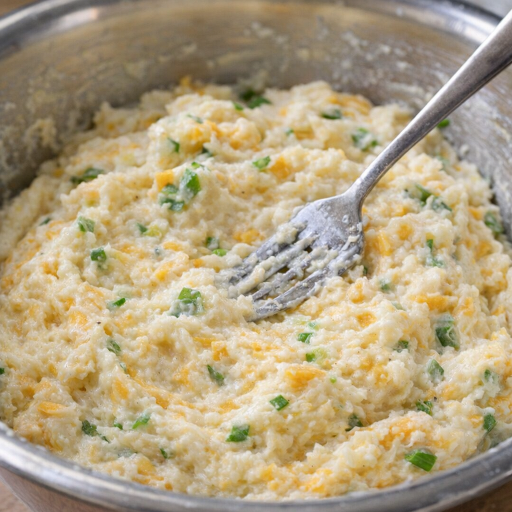 Potato puff mixture in a mixing bowl